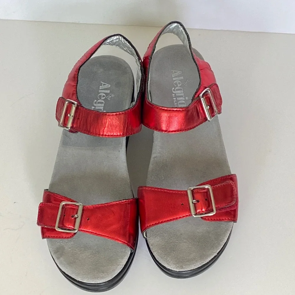 Alegria Morena Red Metallic Leather Platform Wedge Sandals MOR-257 Womens 41